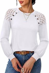 lot 30536 image: siliteelon Lace Long Sleeve Top Dress Shirt Womens Crew Neck Loose Blouse 2XL (Beige)