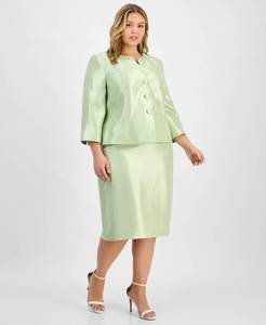 lot 30553 image: Le Suit Plus Size Collarless Jacket & Slim Skimmer Skirt - Celery 14W