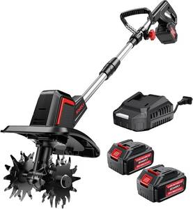 lot 3341 image: $120 SOARFLY Cordless Tiller Cultivator 9 Width 6.6 Depth, 2 4.0Ah