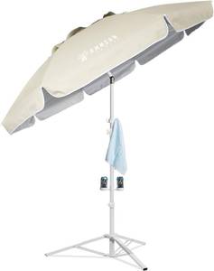 lot 3365 image: $60 AMMSUN Umbrella with Stand, 6.5ft Free Standing Canopy, Beige