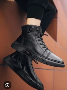 lot 3377 image: Mens SVP Black Leather High Top Sneakers, Size 12