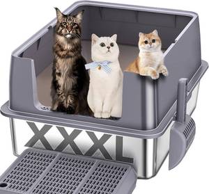 lot 3398 image: $100 Stainless Steel Litter Box 28x20x12 with Lid, XXL, High Sides