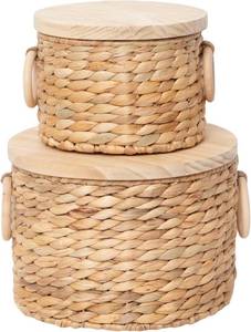 lot 3404 image: $50 Woven Water Hyacinth Storage Basket Set of 2 with Lids