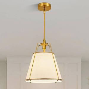 lot 3419 image: $140 Pendant Light with 12 White Linen Shade, Drum Gold Chandelier