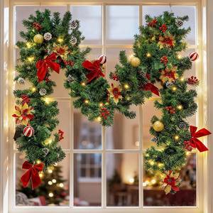 lot 3539 image: 9 FT Pre-Lit Christmas Garland with 50 LED Lights Red Bows Flowers