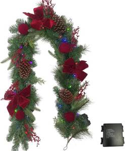 lot 3562 image: 6 ft Christmas Garland with Red Velvet Bows, Pinecones, 35 LEDs