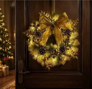 lot 3575 image: 4-pack Lighted Gold Christmas Wreath with LED Lights, Cones, Balls
