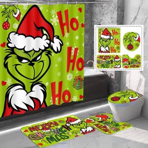 lot 3579 image: 4 Pcs Christmas Bath Set Curtain, Rug, Lid, Mat 72x72