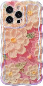 lot 66501 image: Case for iPhone 15 Pro 6.1 Colorful Retro Oil Painting Printed Flower Laser Glossy Pattern Cute Wave Phone Cover Stylish TPU Protective Case for Women Girls Lady (Beige Pink)