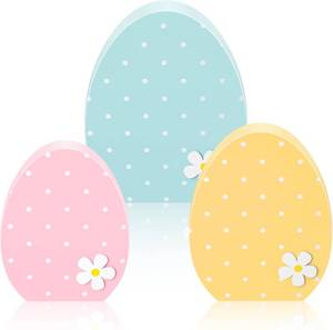 lot 66522 image: Threan 3 Pcs Easter Table Decoration Easter Egg Table Wooden Signs Spring Egg Wood Tabletop Centerpiece Decorations for Home Dining Room Party Office Decor