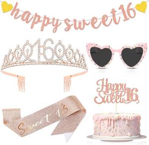lot 66539 image: JaGely 5 Pcs Rose Gold Sweet 16 Birthday Decorations Include Sweet 16 Crown Tiara and Sash, Heart Sunglasses, Glitter Happy Banner and Cake Topper for 16th Birthday Party Accessories Supplies