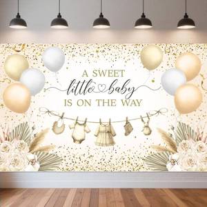 lot 66547 image: Gold Boho Baby Shower Banner - Neutral Gender Reveal Party Decor, A Sweet Little Baby is On The Way Banner for New Baby, Baby Shower Party Decorations
