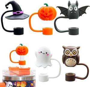 lot 69089 image: Small 3D Halloween Straw Cover Cap for Stanley Cup,2024 New Cute Ghost Halloween Straw Toppers, Dustproof Silicone Straws Covers, Halloweens Stanley Cup Accessories(10mm5PCS - Color 2)