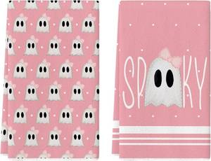 lot 69102 image: 18x26 Inch Artoid Mode Pink Ghost Spooky Halloween Kitchen Towels Dish Towels, 18x26 Inch Bow Knot Decoration Hand Towels Set of 2