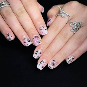 lot 69112 image: Halloween Press on Nails Short Square Fake Nails Pink Full Cover Cute False Nails Spider Web ghost Stars Moon designs Acrylic Artificial Nails Glossy Reusable Glue on Nails for Women 24pcs