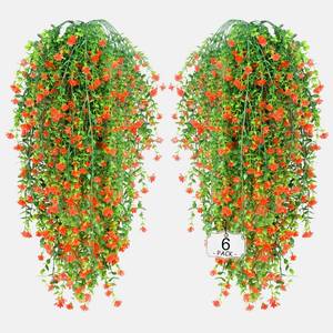 lot 69131 image: Artificial Fall Hanging Flowers Outdoor UV Resistant Fake Plastic Plants Indoor Outside Garden Porch Window Box Home Wedding Farmhouse Festive Shrub Decor (Orange Green, 6 Bundles)