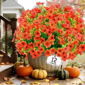 lot 69142 image: Artificial Flowers for Outdoors, Fall Mums UV Resistant for Thanksgiving Days, Fall, Home Decoration 12 Bundles, Orange Green