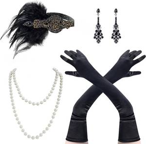 lot 69143 image: One Size Spooktacular Creations 1920s Women Accessories Set, Flapper Costumes with Vintage Earrings 1920s Headband Faux Pearl Necklace Flapper Gloves for Halloween Costume Dress up Party