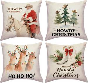 lot 69159 image: Western Christmas Throw Pillowcases Cowboy Santa Reindeer Santa Claus Xmas Tree Howdy Christmas Pillow Covers Seasonal Farmhouse Winter Holiday Cushion Covers 18 x 18 Inch,4Pack for Sofa Couch Porch