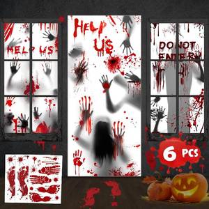 lot 69217 image: halloween door cover Halloween Giant Bloody Handprint Decorations, 3 PCS Halloween Door Cover Window Poster with 3 Window Clings, Halloween Props Poster Scary Zombie Creepy for Haunted House Decor Hal