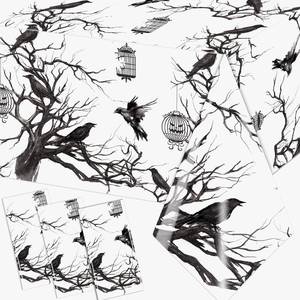 lot 69218 image: 70.8 inches x 42.5 inches Gothic Halloween Decor Silhouette Tree Table Cover, 3Pcs Black Crows Plastic Tablecloth for Horror Theme Birthday Party Supplies
