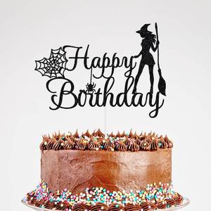 lot 69220 image: Glitter Witch Happy Birthday Cake Topper, Halloween Birthday Cake Decorations for Girl, Spooky Bday Party Supplies Black