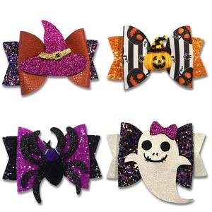 lot 69223 image: Hying 4PCS Halloween Glitter Hair Bow Clips for Kids Baby Girls, Ghost Pumpkin Bowtie Hair Pins for Kids Halloween Decorations Hair Accessories