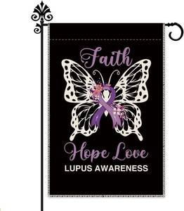 lot 69224 image: Hafhue Faith Hope Love Lupus Awareness Garden Flag, Lupus Purple Ribbon Butterfly Double Sided Yard Garden Lawn Decoration Garden Flag, Warrior Survivor Gifts for Woman Family Friends