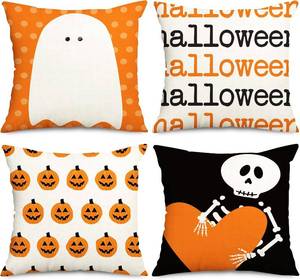 lot 69225 image: Whaline 4Pcs Halloween Pillow Covers Spooky Skeleton Ghost Pumpkin Throw Pillow Case 18 x 18 Inch Decorative Cushion Cover for Home Office Couch Sofa