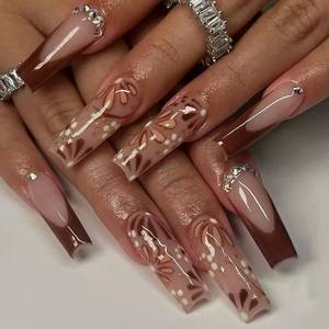 lot 69237 image: 24Pcs Brown French Tip Press on Nails Long Coffin Fake Nails Fall Flower False Nails with Glitter Rhinestone Design Autumn Nail Decoration Full Cover Reusable Stick on Nail for Women Artificial Nails