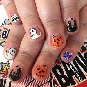 lot 69250 image: Halloween Press on Nail Short Square Pumpkin Ghost Fake Nail Colorful Acrylic Full Cover False Nail with Castle Designs Glue on Nails Glossy Artificial Nails Cobweb Stick on Nail for Women 24PCS