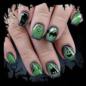 lot 69251 image: Short Halloween Press on Nails Short Square Fake Nails with Spider Web Bat Designs Green Nails Press ons Full Cover Stick on Nails for Women 24Pcs