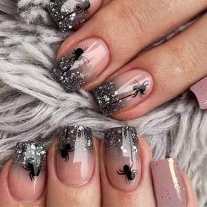 lot 69256 image: Medium Halloween Press on Nails Medium Square Fake Nails with Black Glitter French Tip Spider Designs Acrylic Nails Press ons Glossy False Nials for Women 24 Pcs