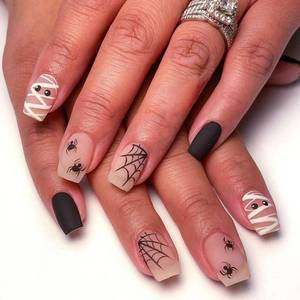 lot 69258 image: Short Halloween Press on Nails Short Square Fake Nails with Spider Web Mummy Black Spider Designs Halloween Nails Press ons Acrylic Glue on Nails for Women 24Pcs