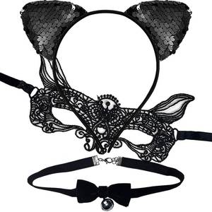 lot 69270 image: One Size 3Pcs Halloween Headband for Women - Black Cat Ears Headband Cat Mask and Collar for Halloween Costumes - Cosplay Party - Masquerade - Halloweens Drama