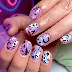 lot 69281 image: M,1 Press on Nails Short Fake Nails Purple Glue on Nails Ghost Artificial Nails Acrylic Nails Stick on Nails Halloween Nails Press ons(Square,Short,Purple)