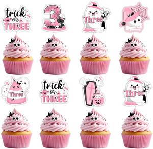 lot 69307 image: 24 Count (Pack of 1) Jollyboom Halloween 3rd Birthday Party Decorations Girl, 24pcs Trick or Three Cupcake Toppers Ghost Pumpkin Cat Double-Sided Decor for Pink Black Halloween 3 Year Old Birthday Par