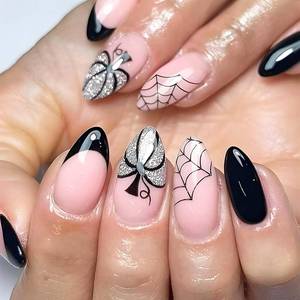 lot 69322 image: M,1 Halloween Press on Nails Almond Fake Nails Nude Acrylic Nails Spider Web Glue on Nails Glitter Artificial Nails with Pumpkin Designs False Nails Medium Shimmery Nails Press ons 24Pcs