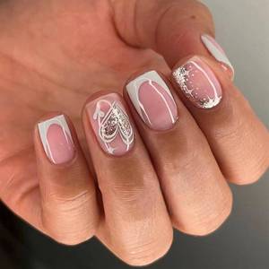 lot 69366 image: 0.04 Fl Oz (Pack of 24) IMRAIN Valentines Day Press on Nails Short Square Fake Nails with Silver Glitter Designs White French Tips False Nails Full Cover Artificial Glue on Nails for Women Girls 24Pc