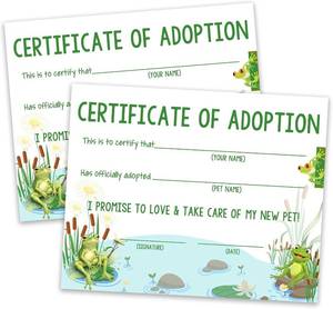 lot 69370 image: Pet Adoption Certificate, Adopt A Pet Party Favor, Pond Frogs Certificates of Adoption, Pet Birthday Party Decorations and Supplies for Kids Boy, Animals Adoption Gifts, 10 Pcs Adoption Cards -03