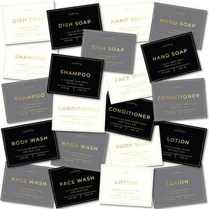 lot 69375 image: 3.15 x 2.35 in Verute Waterproof Labels for Amber Glass Soap Dispenser and Plastic Bottles 3.15x2.35 Peel & Stick - Kitchen, Bathroom & Shower Set - 21 Pieces (Gold Set)