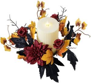 lot 69383 image: mdgfge Halloween Artificial Rose Candle Ring Wreath Red Floral with Maple Leaves Candle Holders Pillar Rings for Halloween Thanksgiving Fall Home Party Table D cor (1 Pc)
