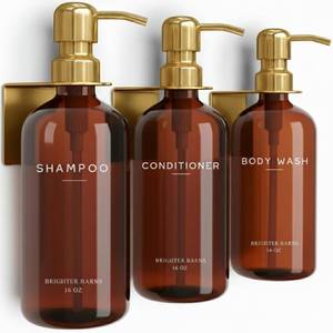 lot 69387 image: $40 Luxury Shampoo and Conditioner Dispenser Set Wall Mounted by Brighter Barns - Plastic Shower Dispenser Set - 3 Chamber Drill Free Shampoo Bottle - Modern Bathroom Decor for Guest Bathroom (Amber G