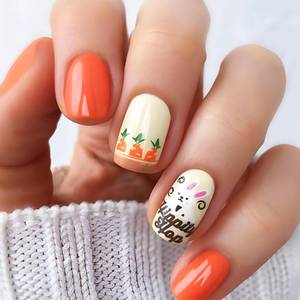 lot 69401 image: Medium Short Press n Nails Square Fake Nails Easter Press on Nails Cute Bunny & Carrot Designs False Nails Orange Acrylic Nails for Women and Girls Full Cover Glossy Stick on Nails Jelly Press on Nail