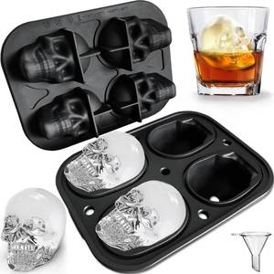 lot 69428 image: 7.5 x 5.8 x 3.2 inches JETKONG Large Skull Ice Mold - 4 Cavity Silicone Skull Ice Maker - Ice Cube Tray for Whiskey, Bourbon, Cocktails and Juice