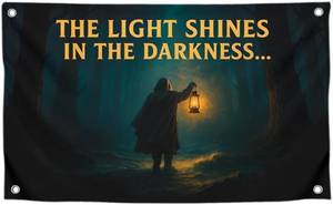 lot 69445 image: 3x5 Feet Bright Polyester Flag with Bible Quote The Light Shines in the Darkness with Four Brass Grommets - Single Sided Wall Religion Poster for Students - Durable Tapestry Flags for Guys Room