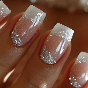 lot 69446 image: Short Press on Nails White French Tip Fake Nails Square Medium Length False Nails with Silver Glitter Ombre Design Glossy Acrylic Glue on Nails Natural Artificial Nail for Women Manicure 24Pcs
