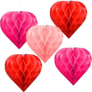 lot 69450 image: 12 inch Valentines Day Party Decoration Set - 5 Pack 12in Heart Honeycomb & Ball Tissue Paper Pom Poms in Red, Love-Inspired Honeycomb Hearts Ideal for Wedding & Classroom Decorations