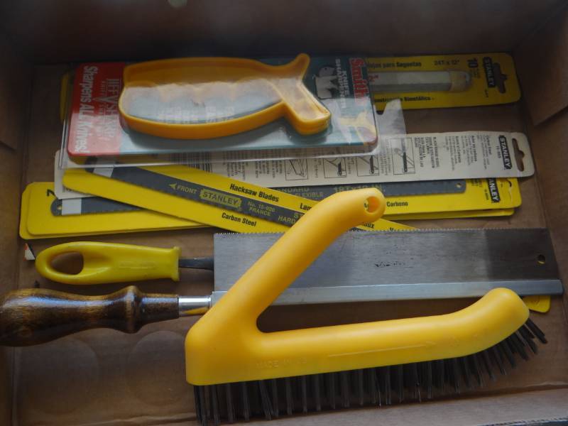 lot 19481 image: Lot of stanley blades, file, saw, & wire brush.