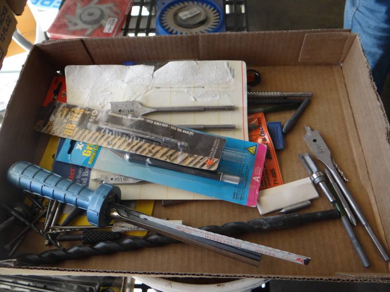 lot 19482 image: Lot of large drill bit, file, hand tools, & various bits.